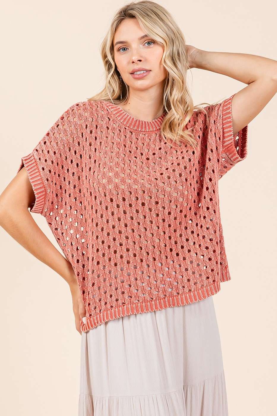 MINERAL WASH OPEN KNIT SHORT SLEEVE SWEATER TOP