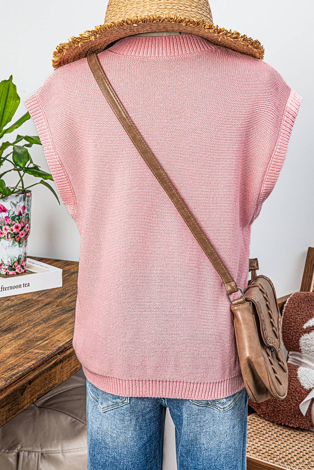 Fashion-W Crochet Flower Knit Short Sleeve Sweater Tops