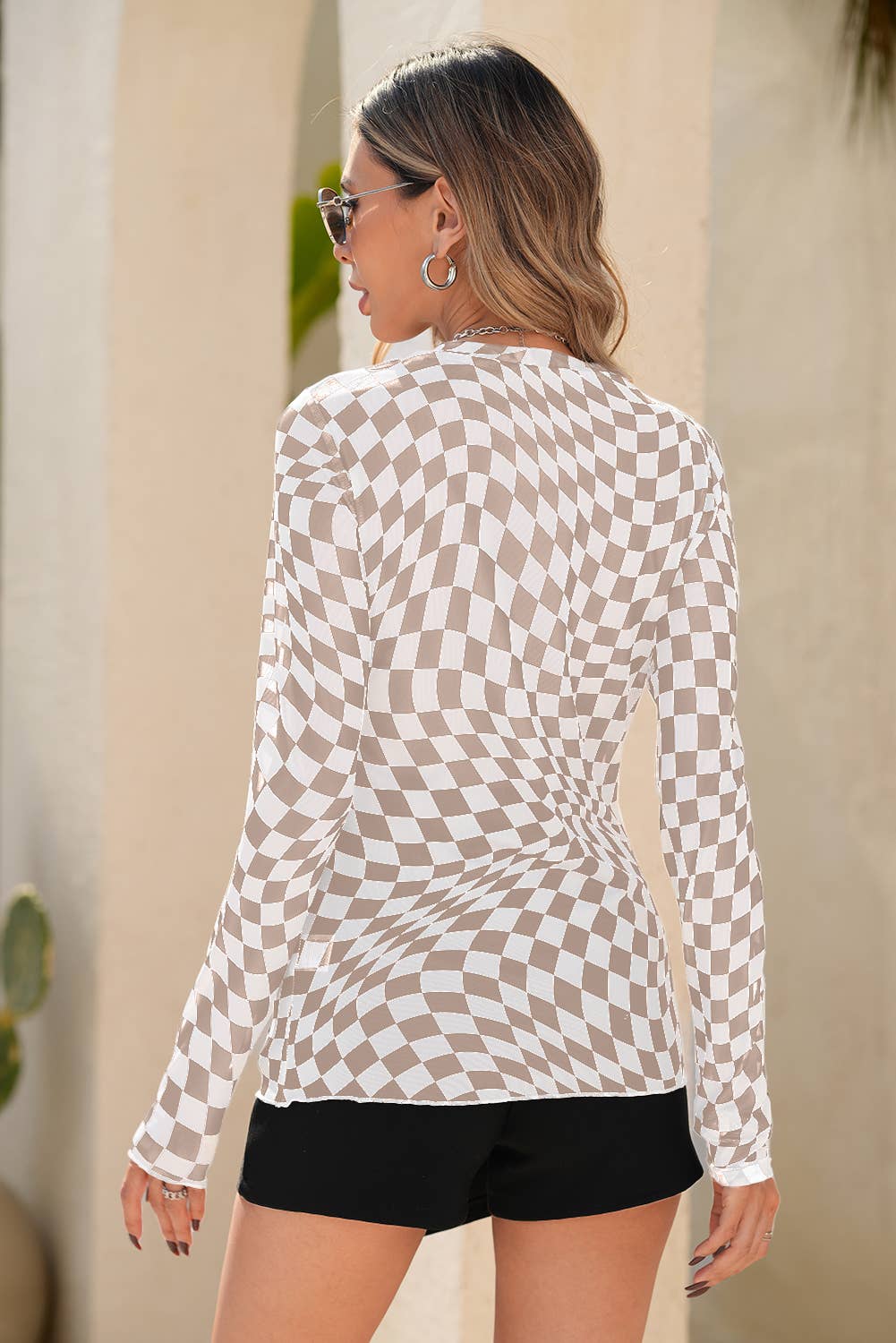 Checkered Pattern Mesh Mock Neck Long Sleeve Top