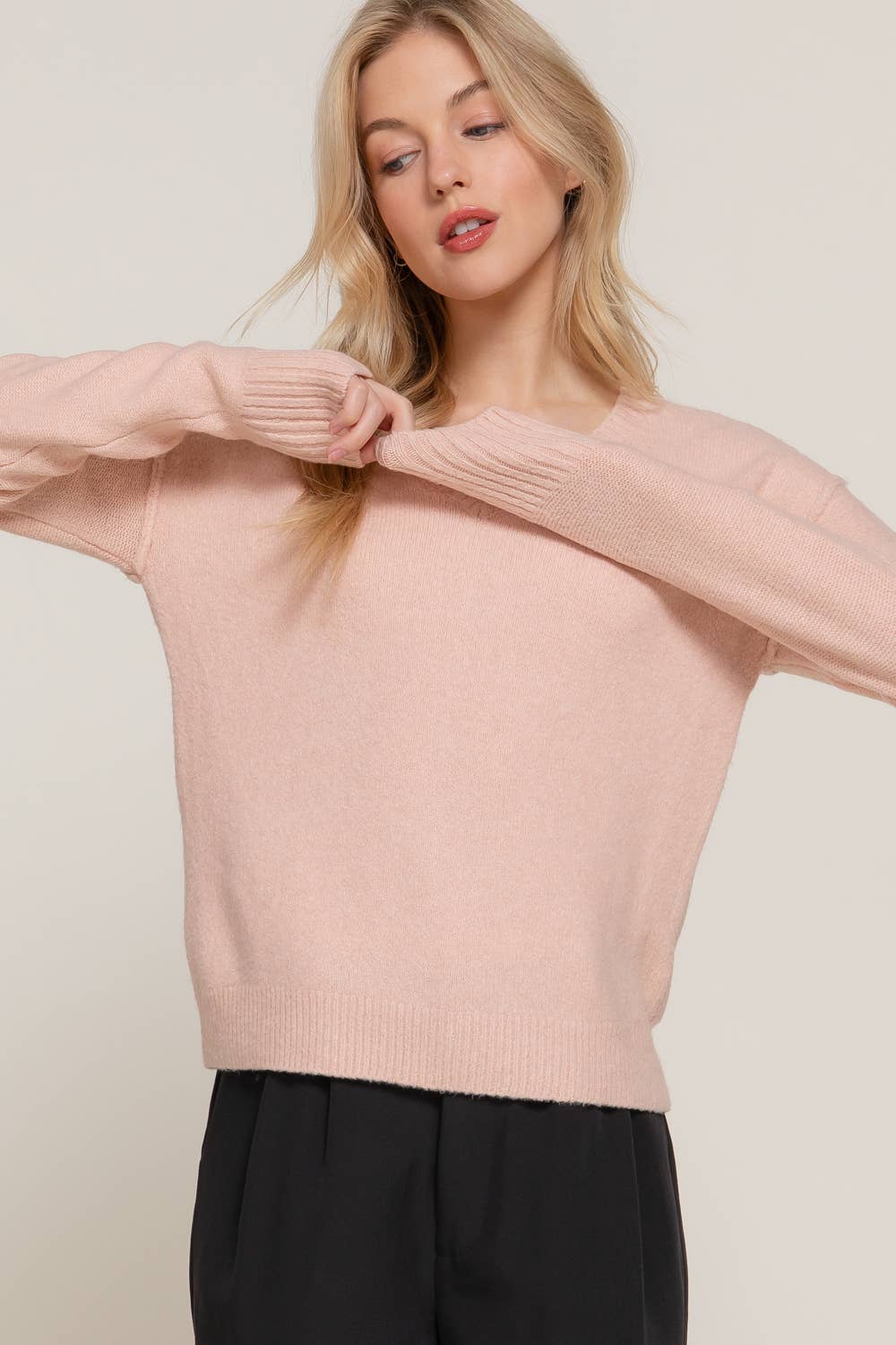 Long Sleeve V-Neck Raised Seam Detail Sweater