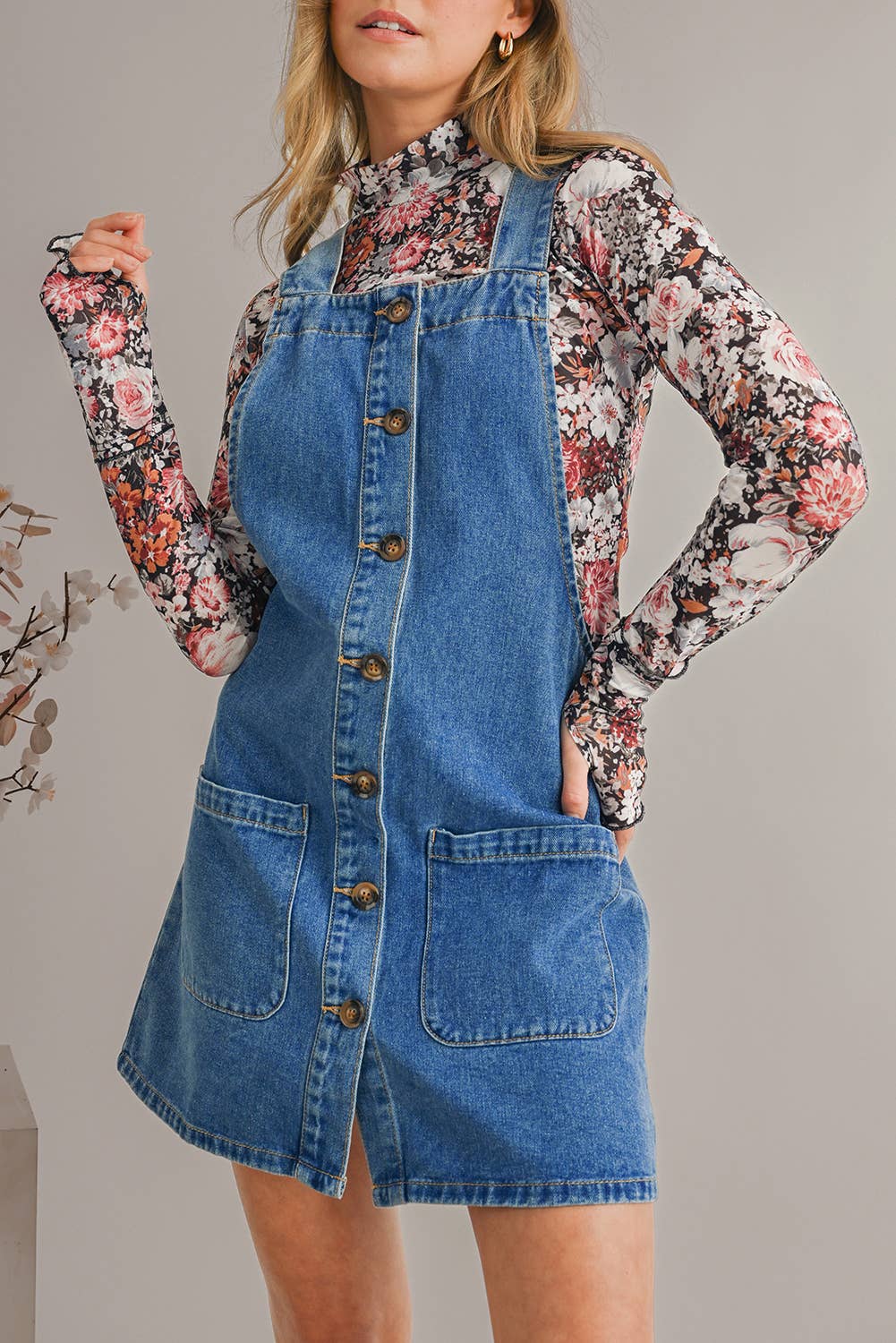 Grace Strap Button Front PocketS Denim Mini Dress