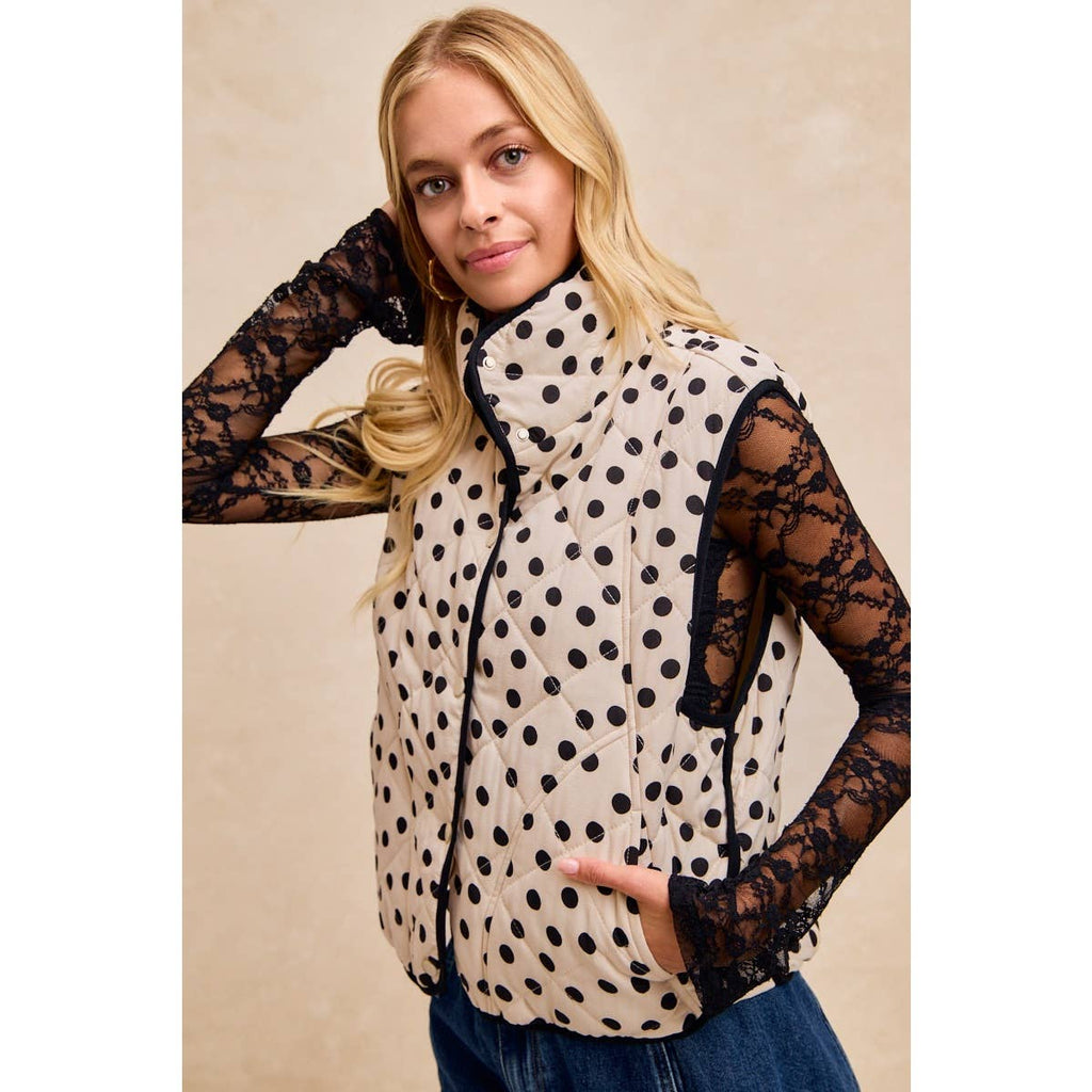 POLKA DOT PRINT PIPING DETAIL QUILTED VEST