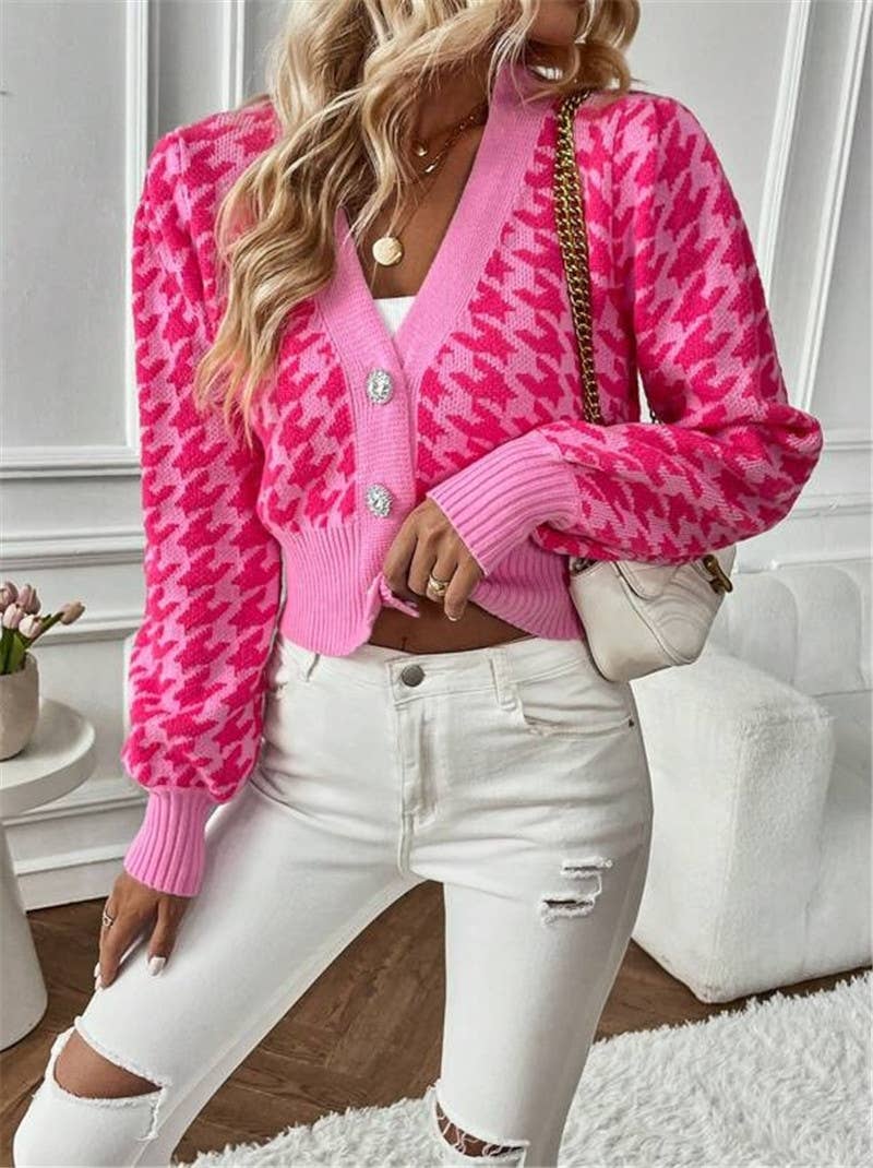 Houndstooth v-neck cropped knit Cardigan