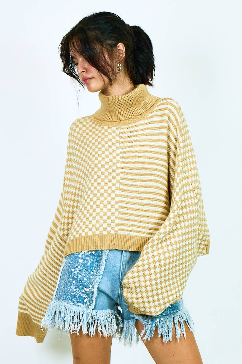 COLOR COMBO HIGH NECK KNIT SWEATER