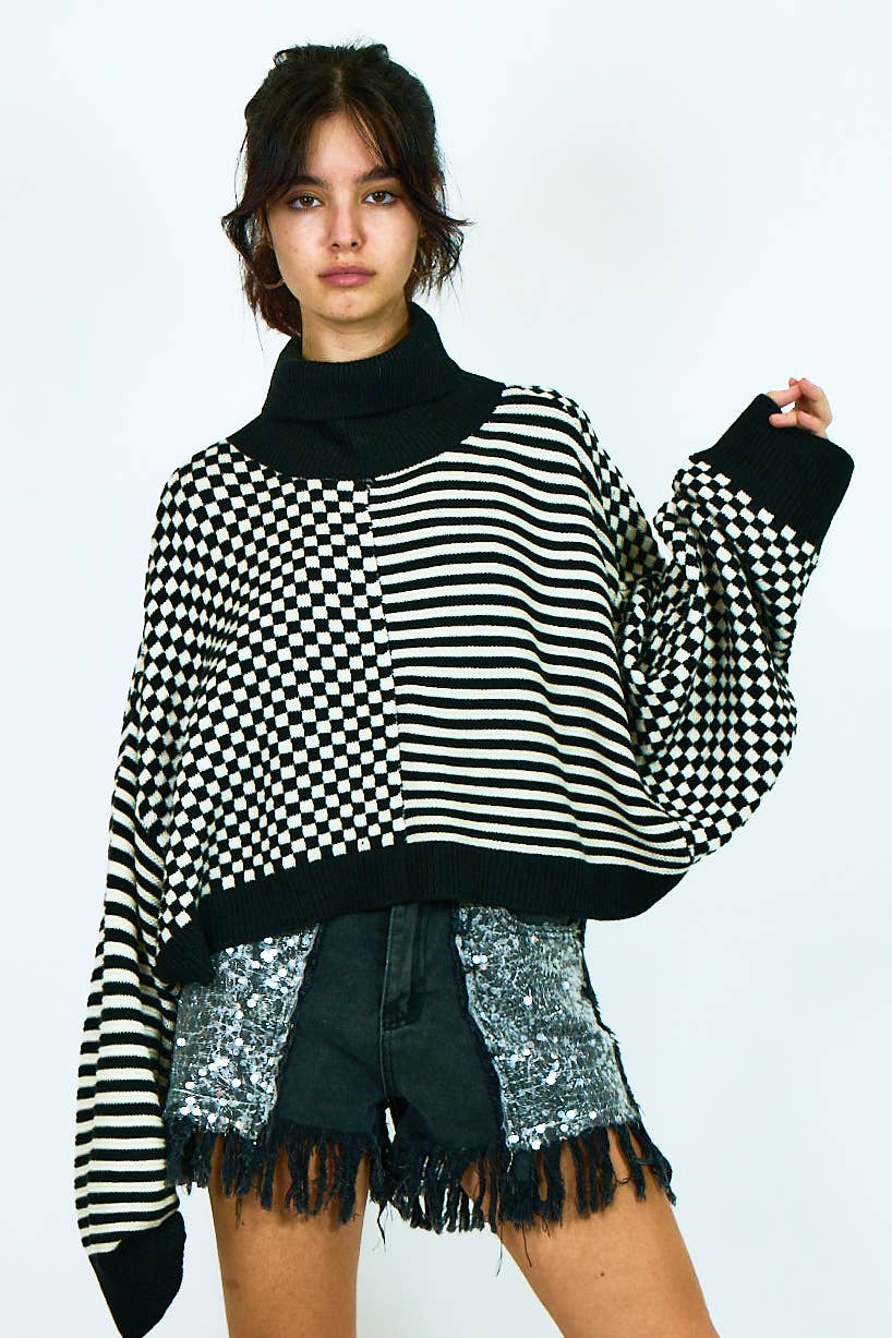 COLOR COMBO HIGH NECK KNIT SWEATER