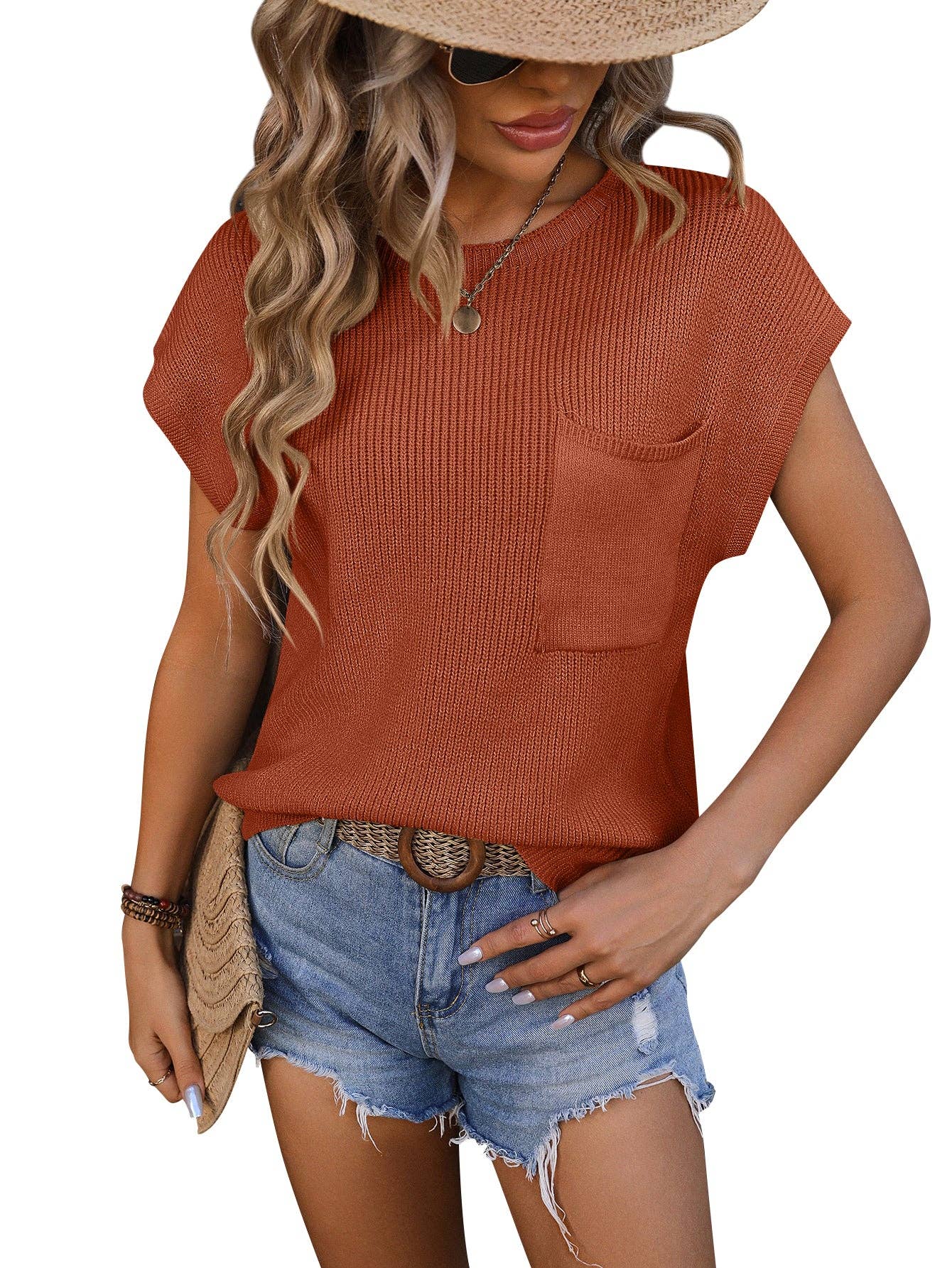 Crewneck Pocket Trim Top Short-sleeved