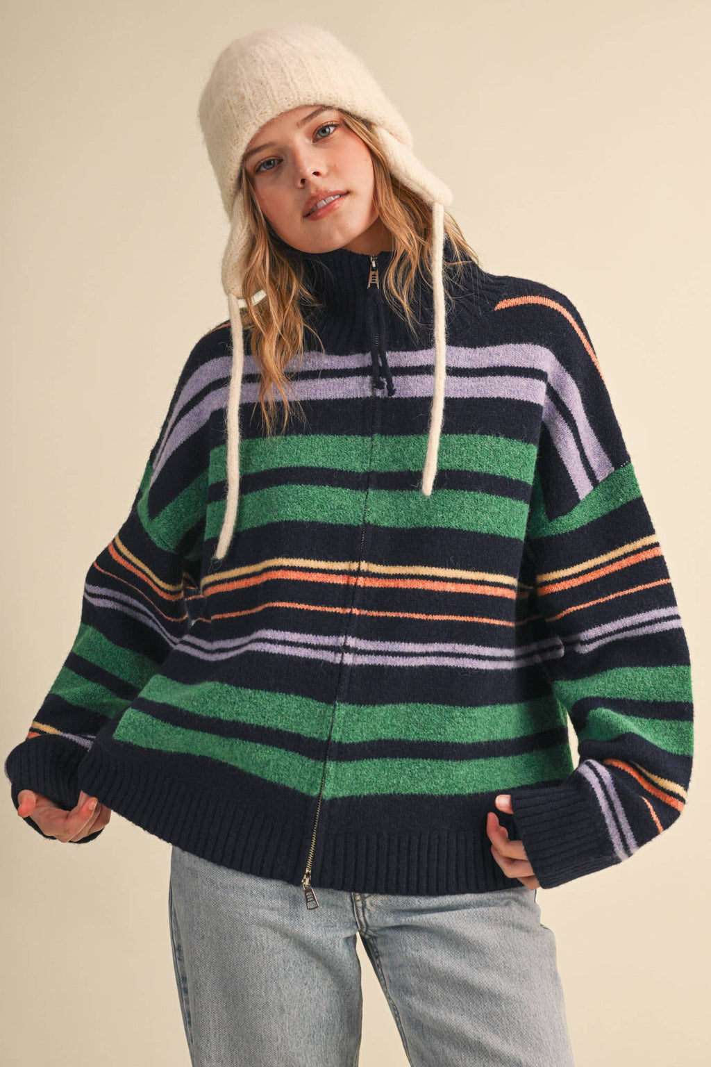 STRIPED MOCK NECK ZIP UP CARDIGAN
