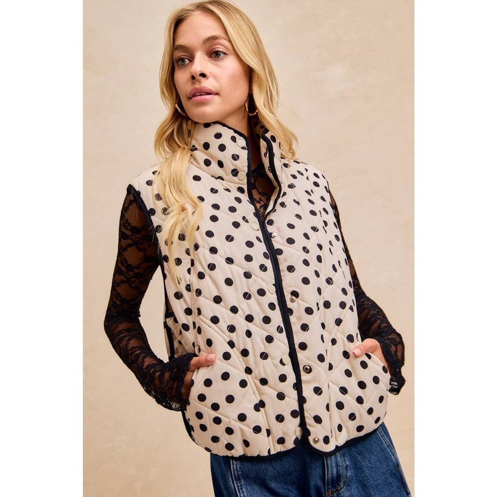 POLKA DOT PRINT PIPING DETAIL QUILTED VEST