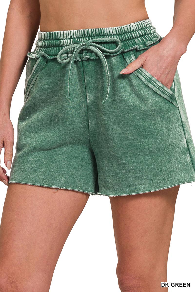 .Acid Wash Elastic Waistband Fleece Shorts
