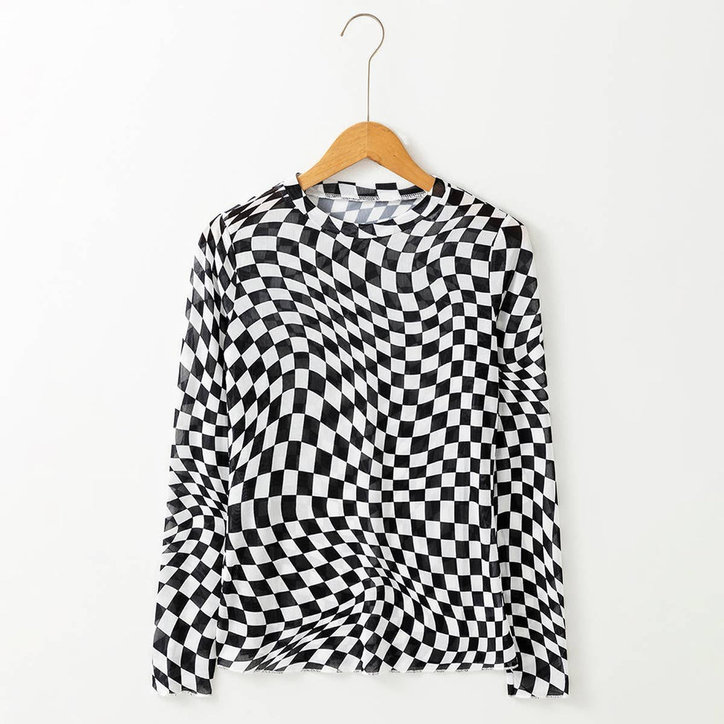 Checkered Pattern Mesh Mock Neck Long Sleeve