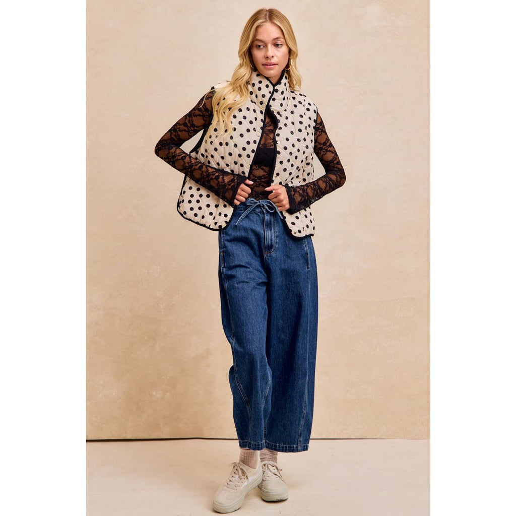 POLKA DOT PRINT PIPING DETAIL QUILTED VEST