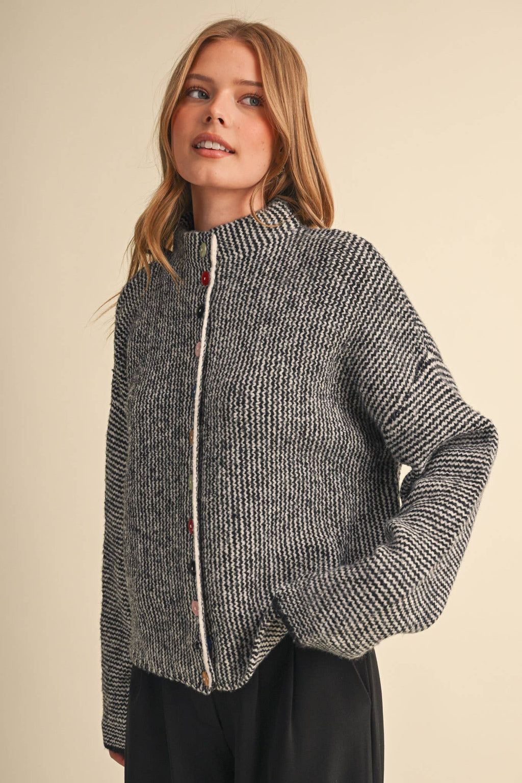 STRIPED SWEATER CARDIGAN WITH COLORFUL BUTTONS