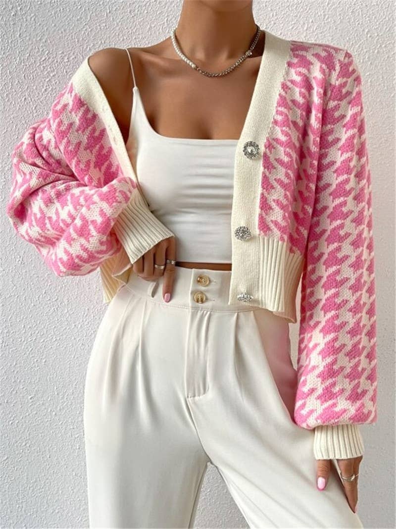 Houndstooth v-neck cropped knit Cardigan