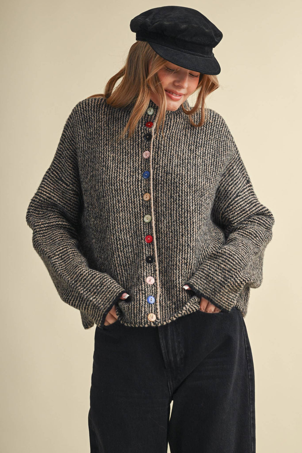 STRIPED SWEATER CARDIGAN WITH COLORFUL BUTTONS