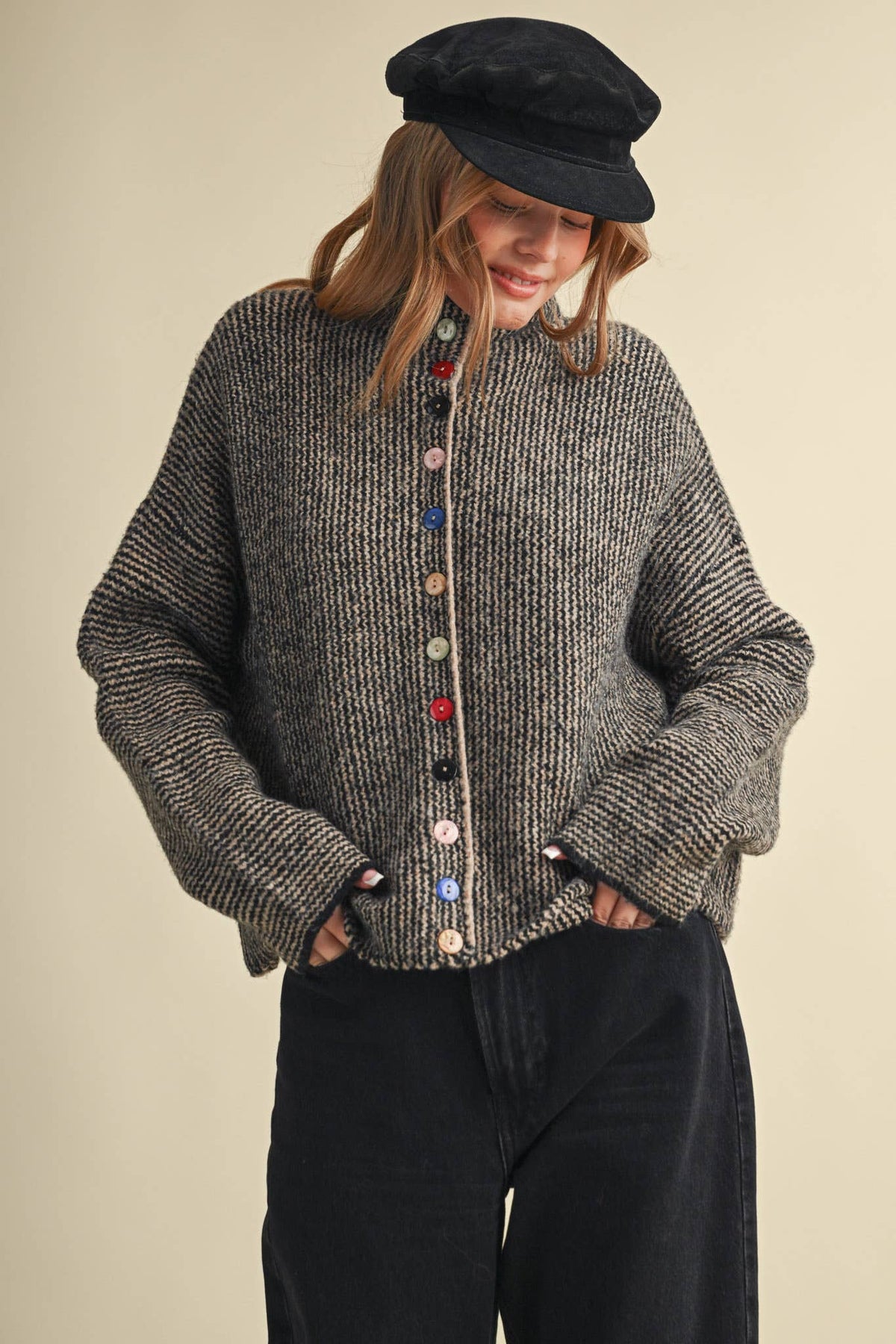 STRIPED SWEATER CARDIGAN WITH COLORFUL BUTTONS