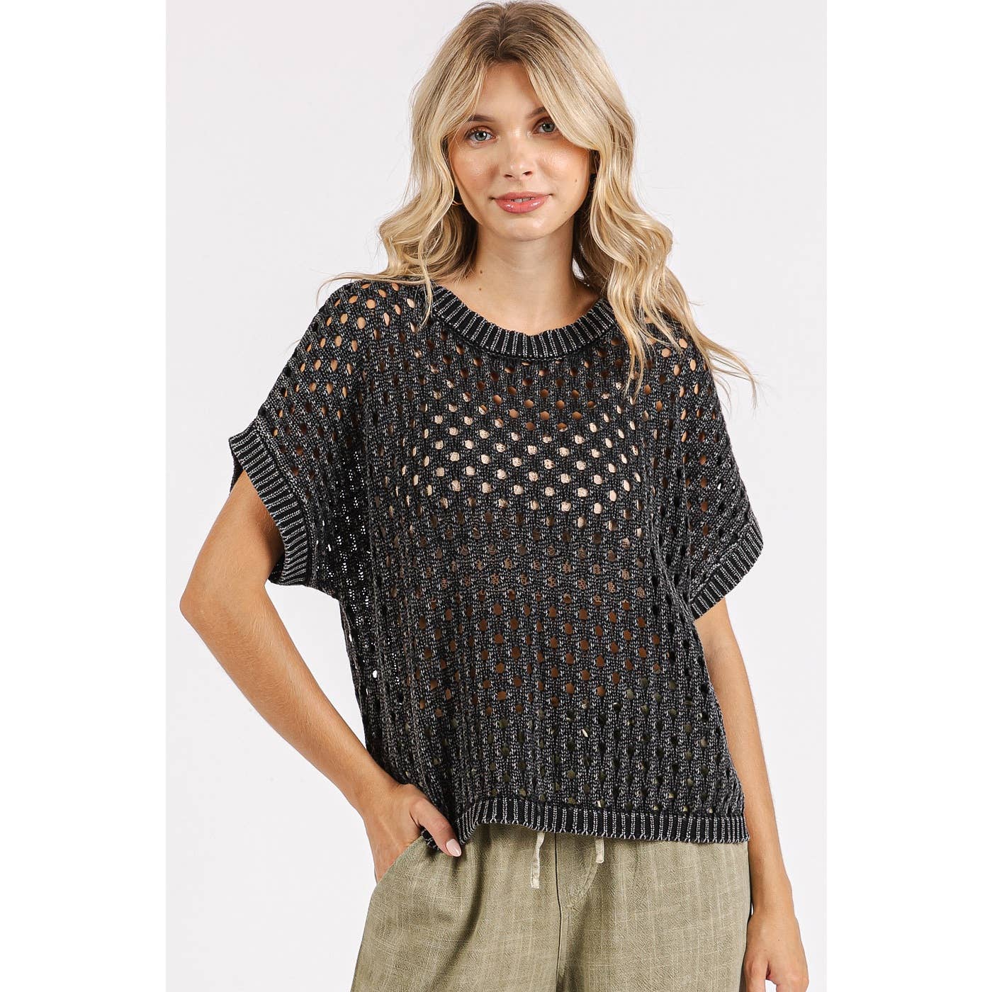 MINERAL WASH OPEN KNIT SHORT SLEEVE SWEATER TOP