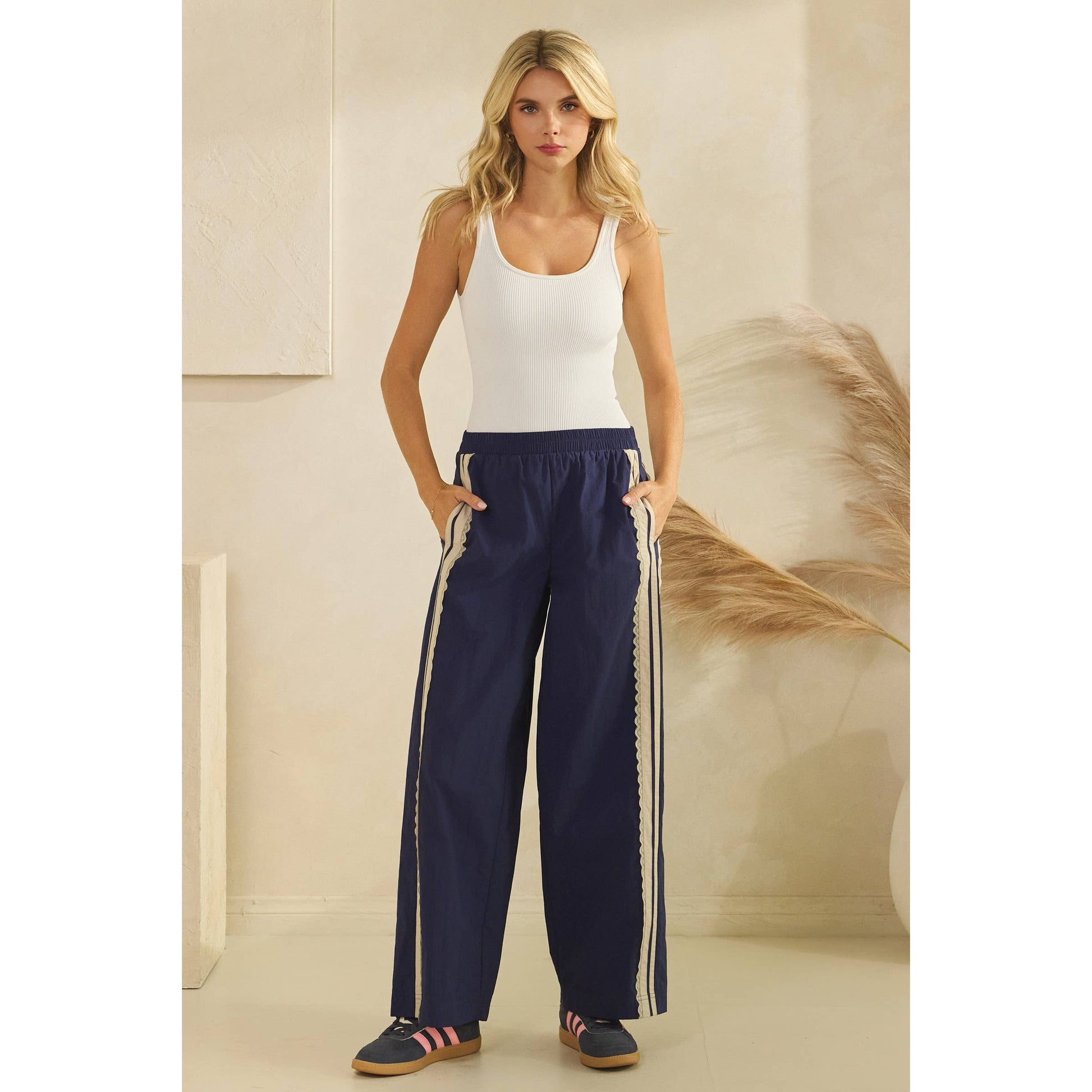 Stripe Nylon Pants with Lace Details