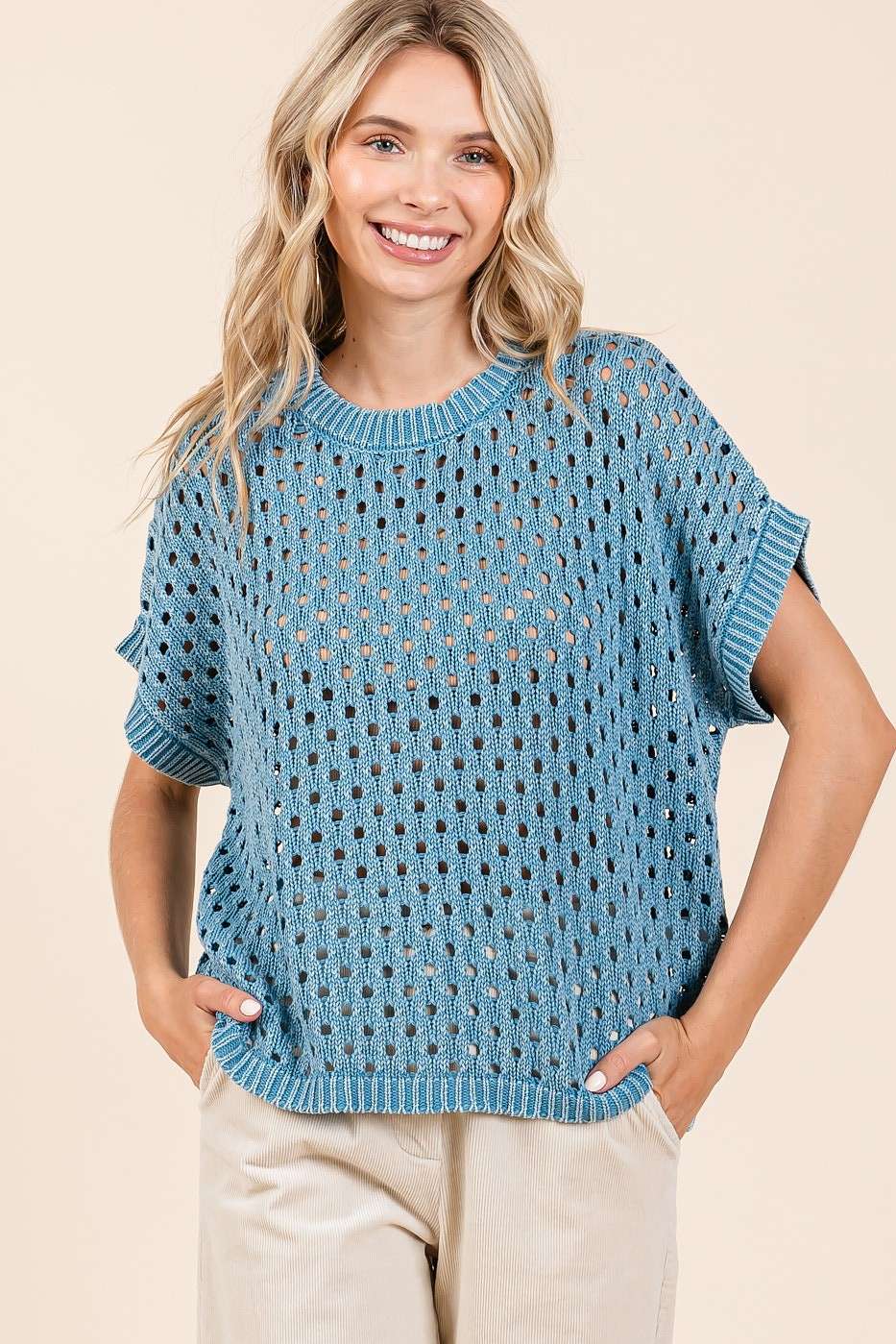 MINERAL WASH OPEN KNIT SHORT SLEEVE SWEATER TOP