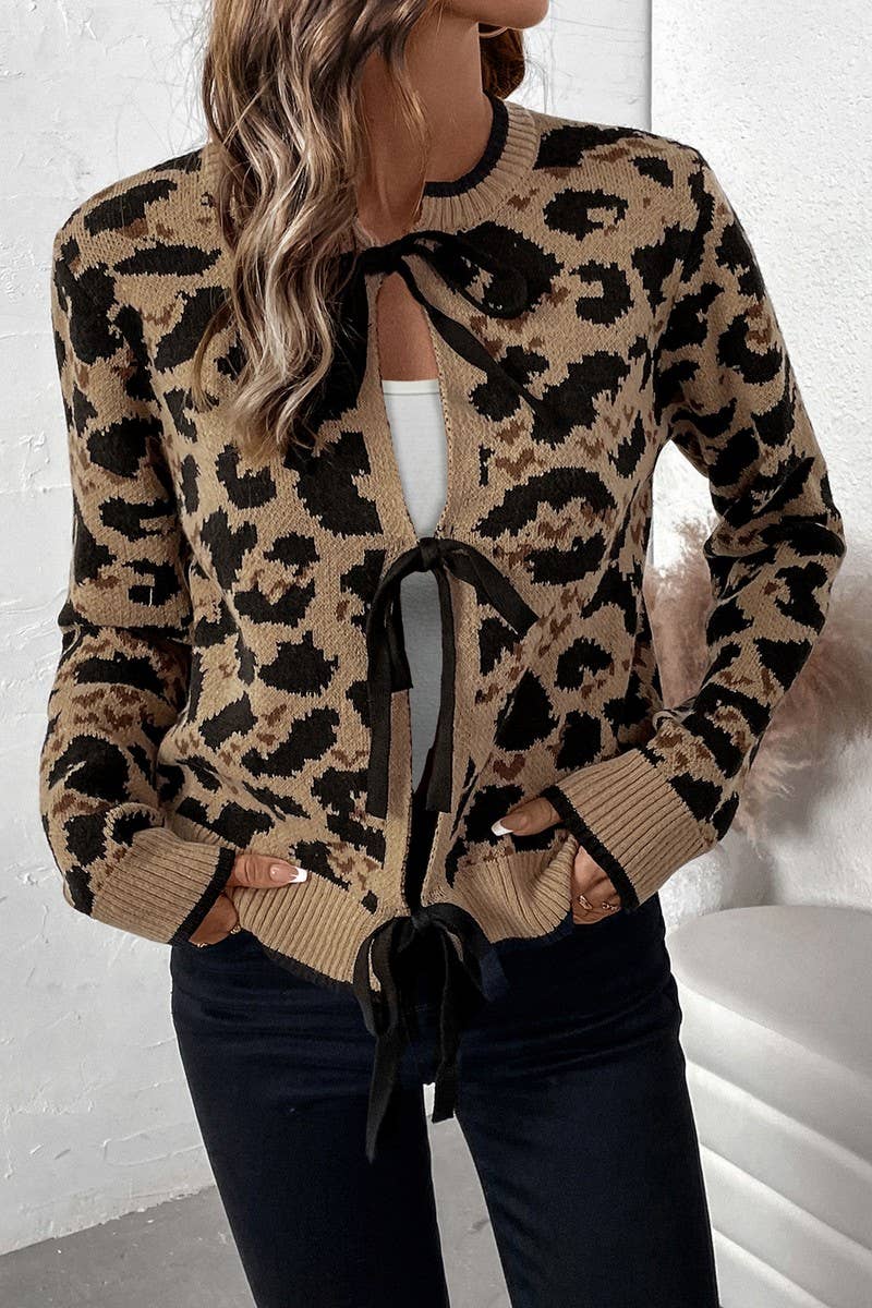 LEOPARD PRINT BOW TIE KNITTED SWEATER CARDIGAN
