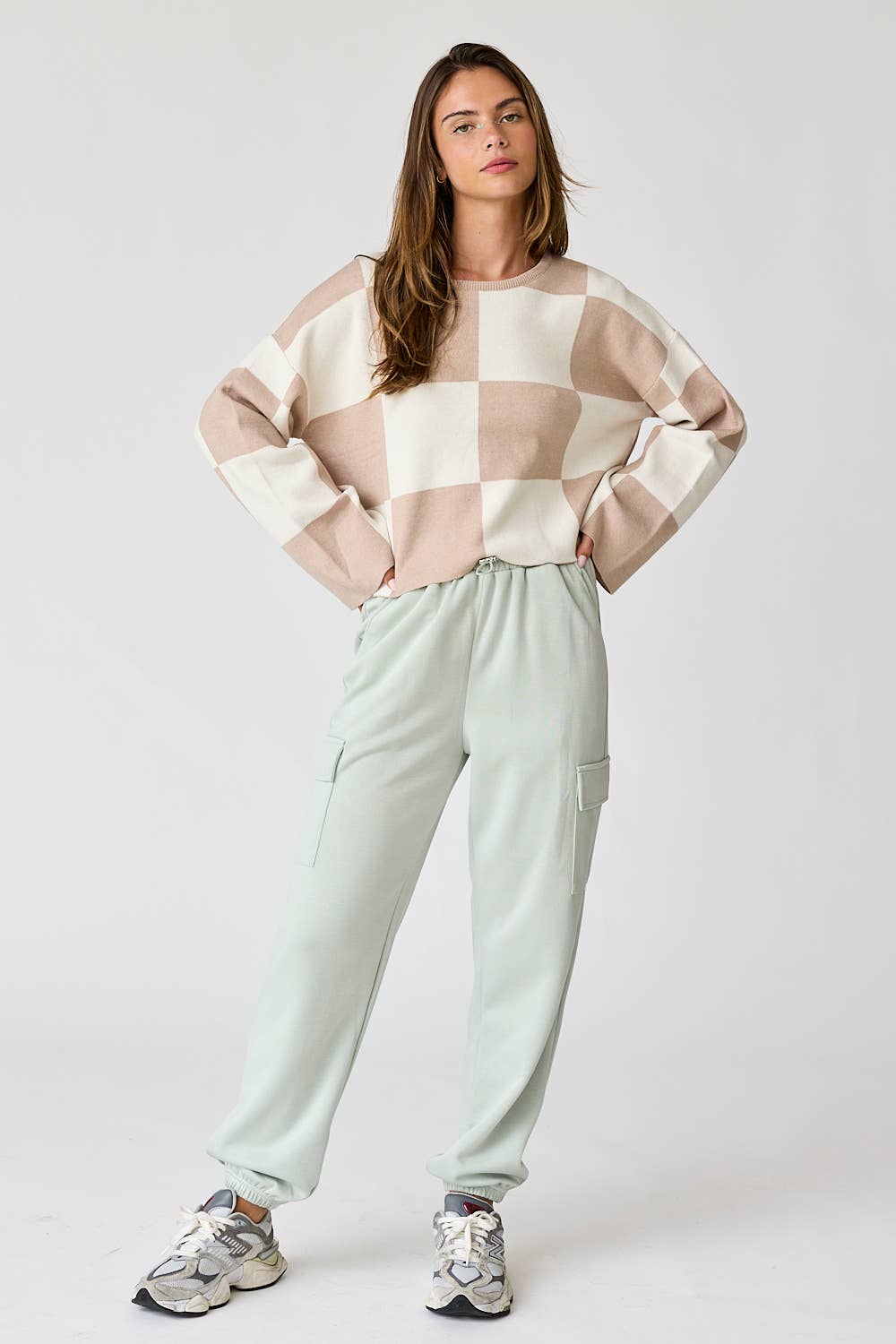 Sarah Round Neck Checkered LS Top