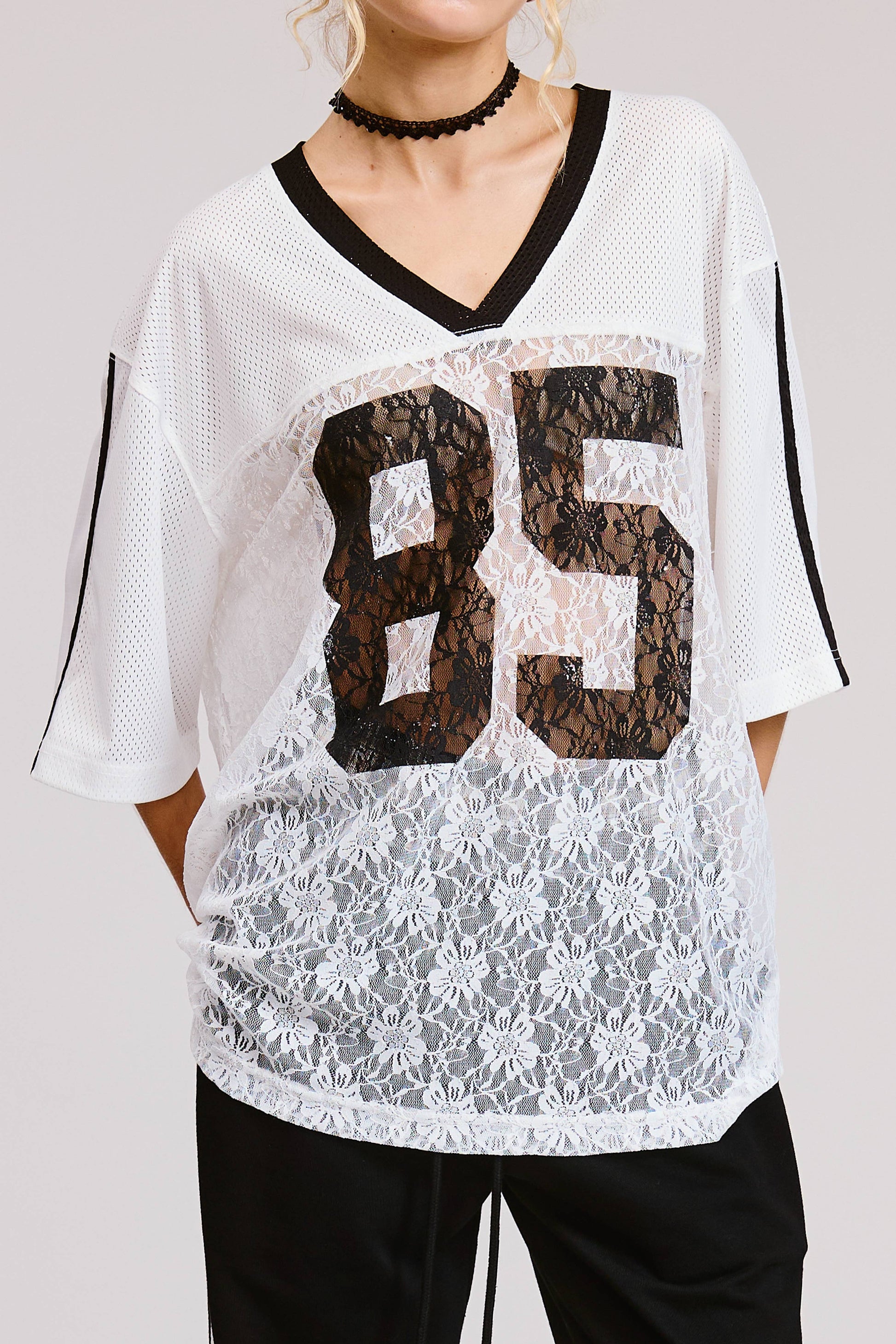 85 Graphic Jersey Top with Lace Contrast