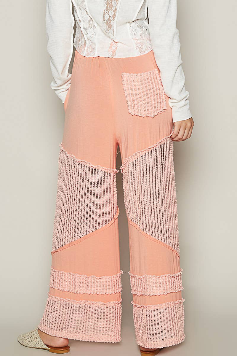 Contrast see through elastic waist knit culottes pants