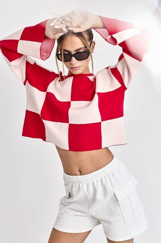 Sarah Round Neck Checkered LS Top