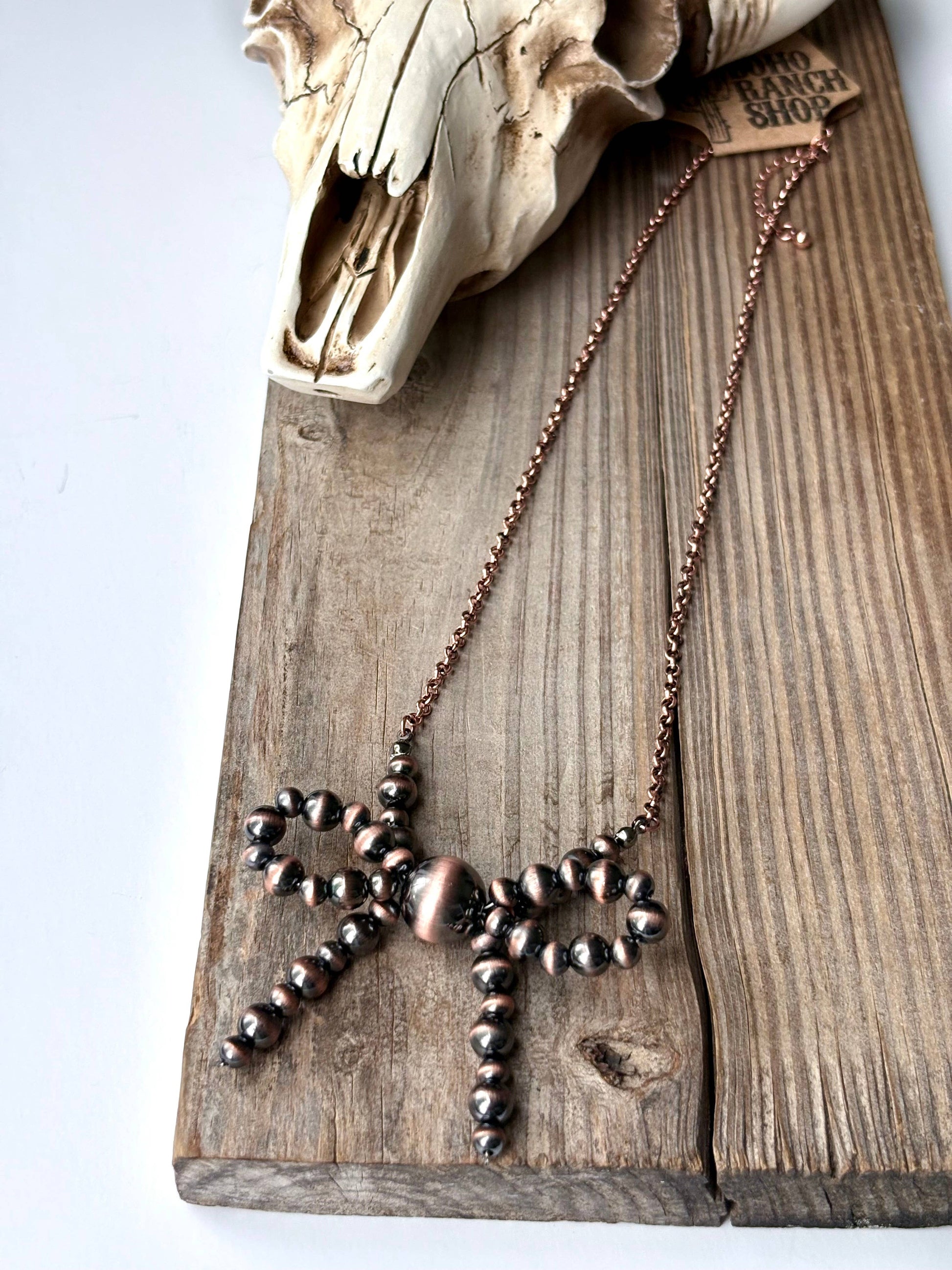 Western Navajo Pearl Bead Coquette Bow Chain Necklace