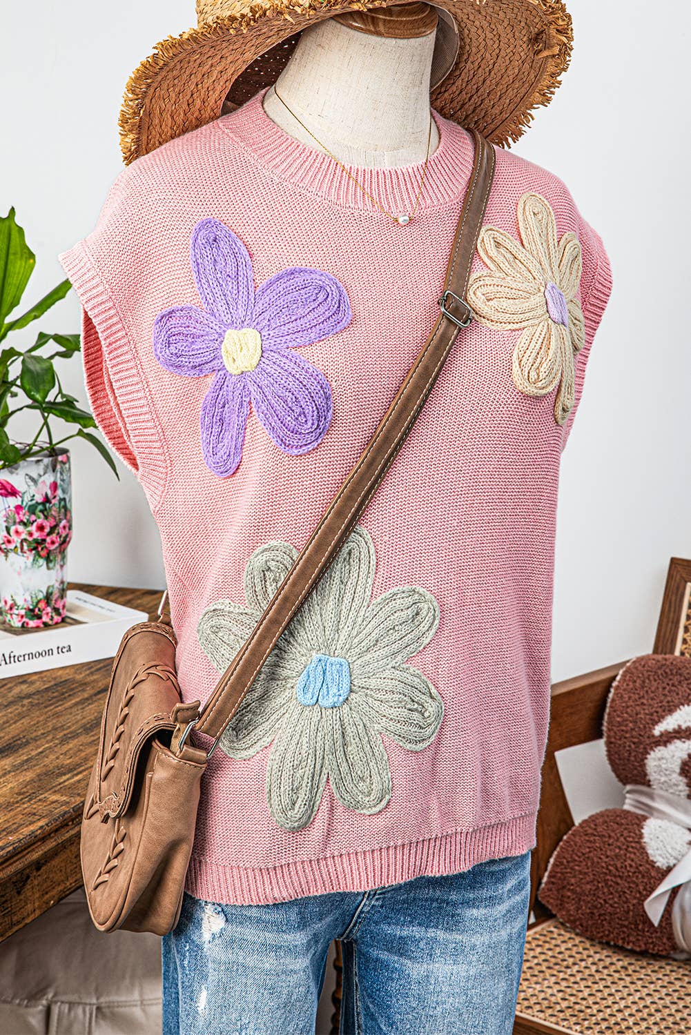 Fashion-W Crochet Flower Knit Short Sleeve Sweater Tops
