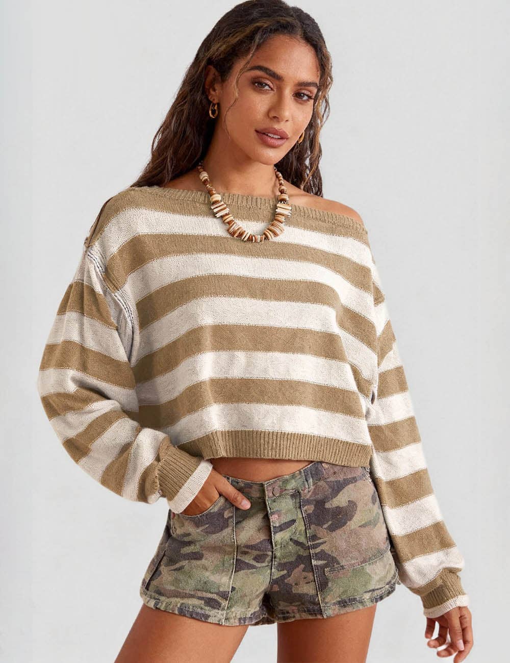 Ladies Striped Knit Round Neck Long Sleeves Knit Sweater