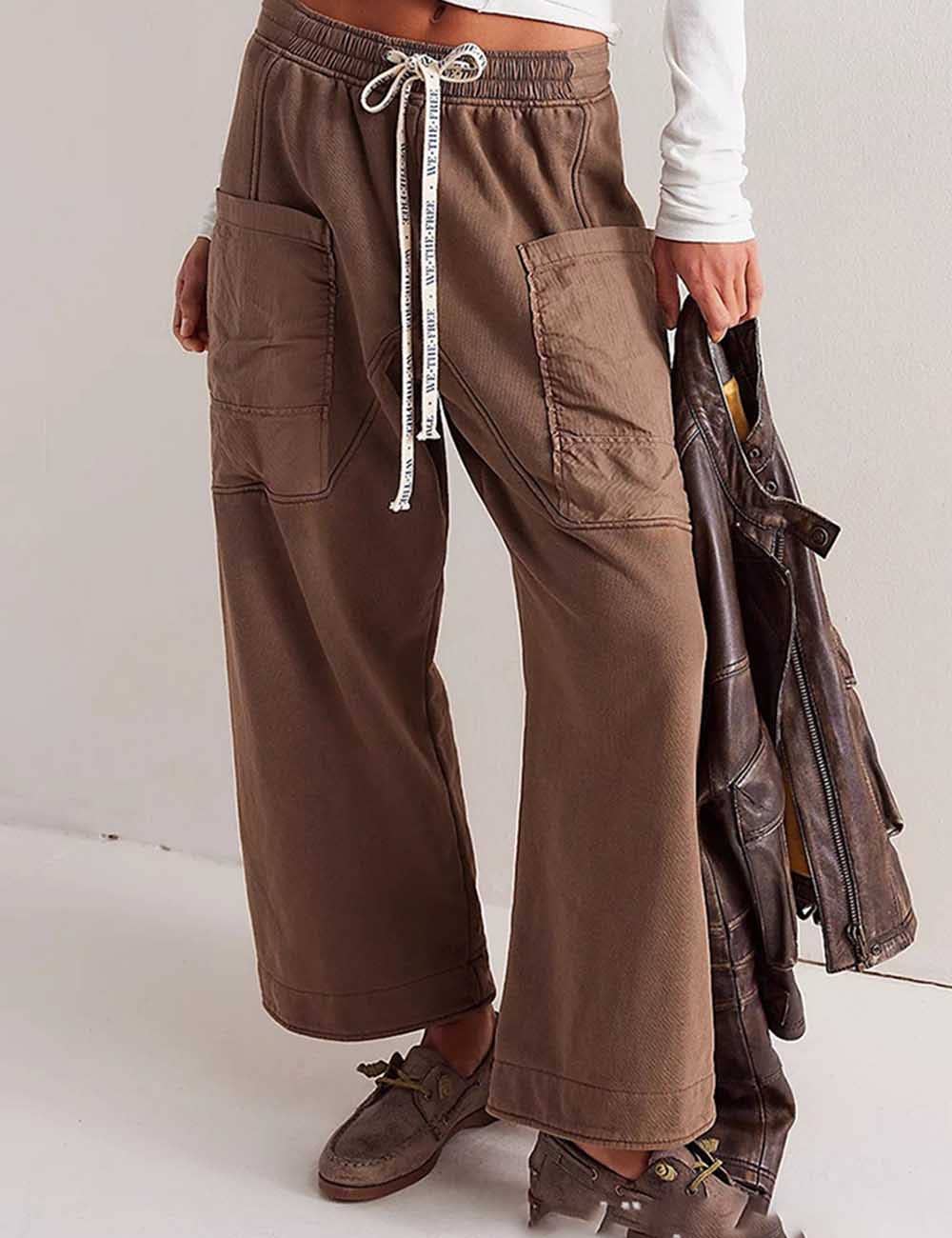 Ladies Elastic Drawstring Pockets Stright Leg Sweatpants