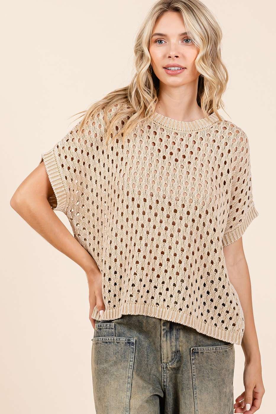 MINERAL WASH OPEN KNIT SHORT SLEEVE SWEATER TOP