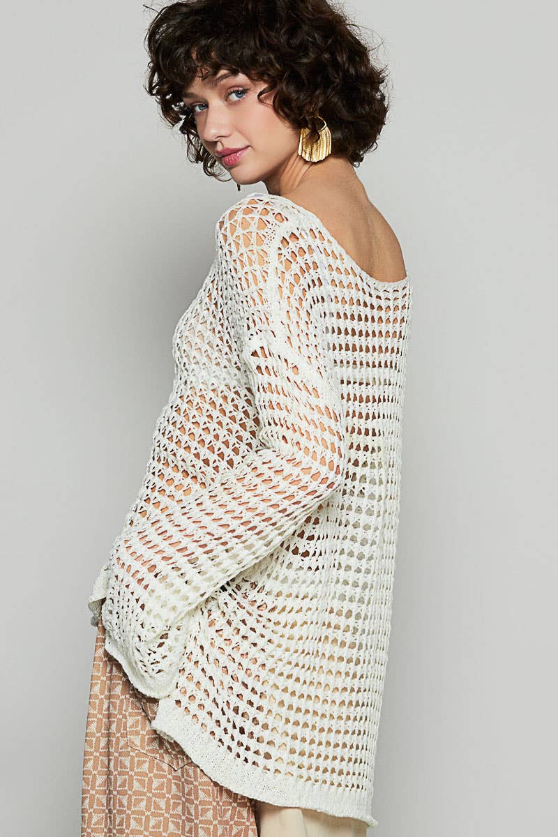 Dropped Shoulder Open Knit Boat Neck Sweater