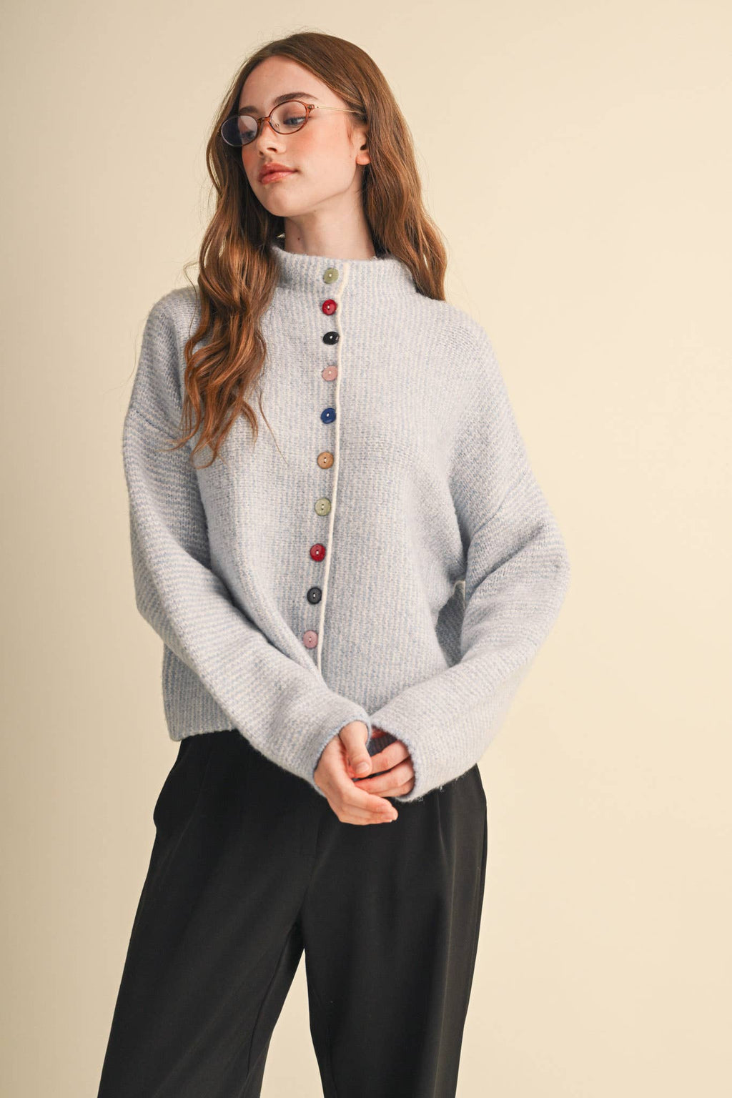 STRIPED SWEATER CARDIGAN WITH COLORFUL BUTTONS