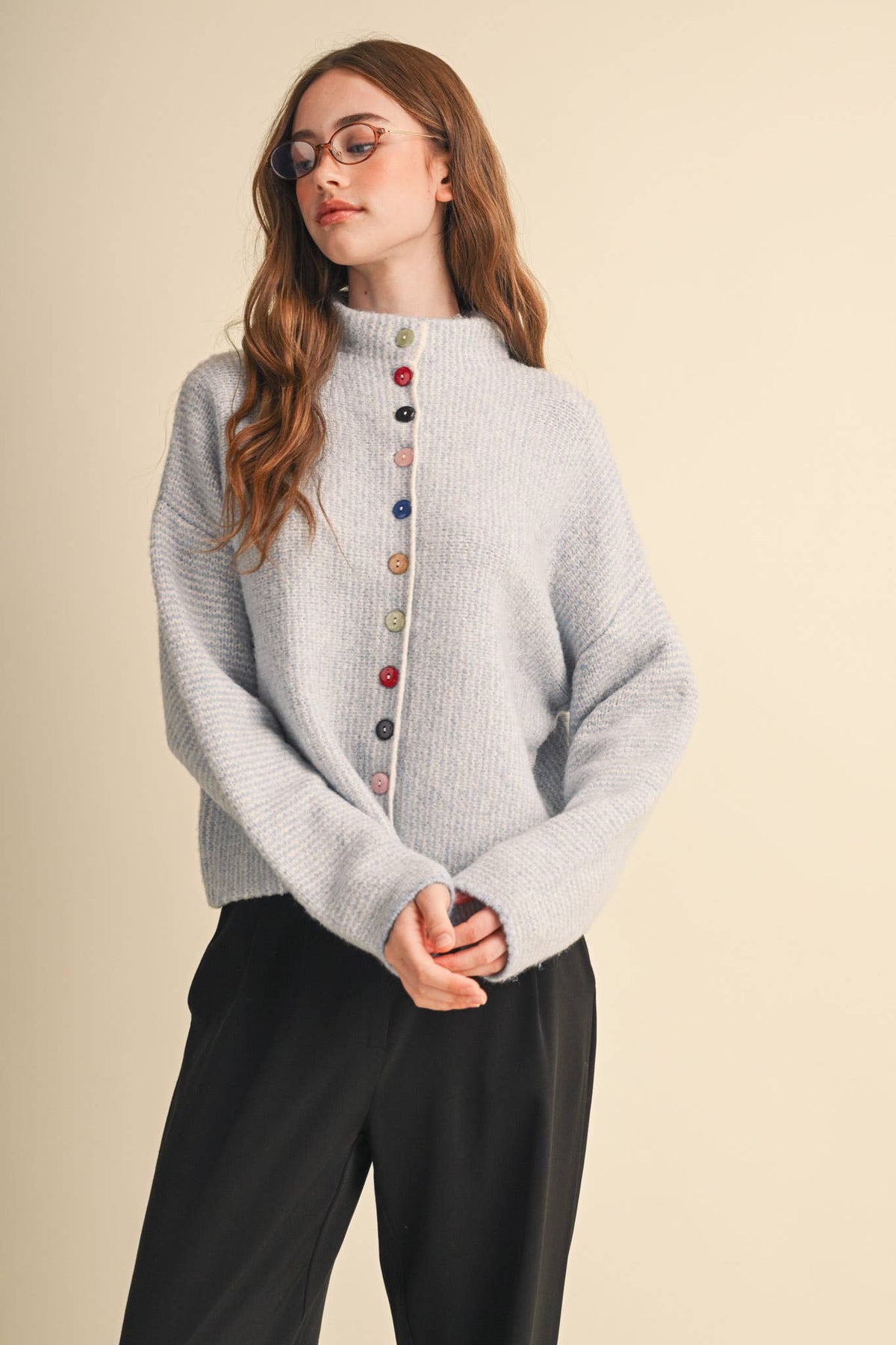 STRIPED SWEATER CARDIGAN WITH COLORFUL BUTTONS