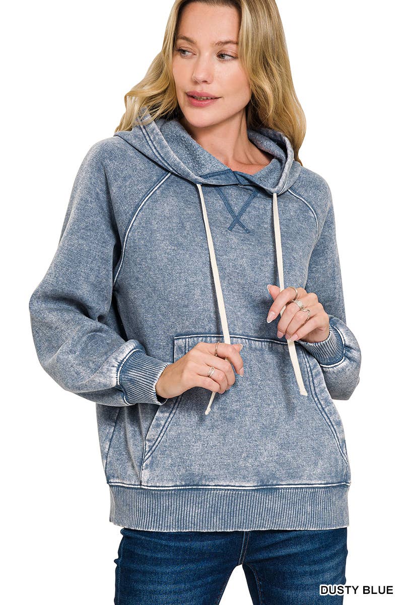 Acid Wash Fleece Hoodie With Pockets