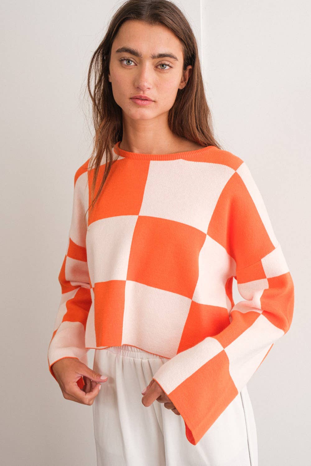 Sarah Round Neck Checkered LS Top