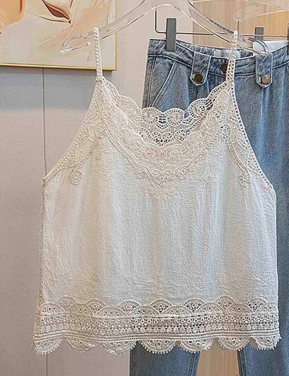 Ladies V-Neck Lace Embroidery String Shoulder Cami Top
