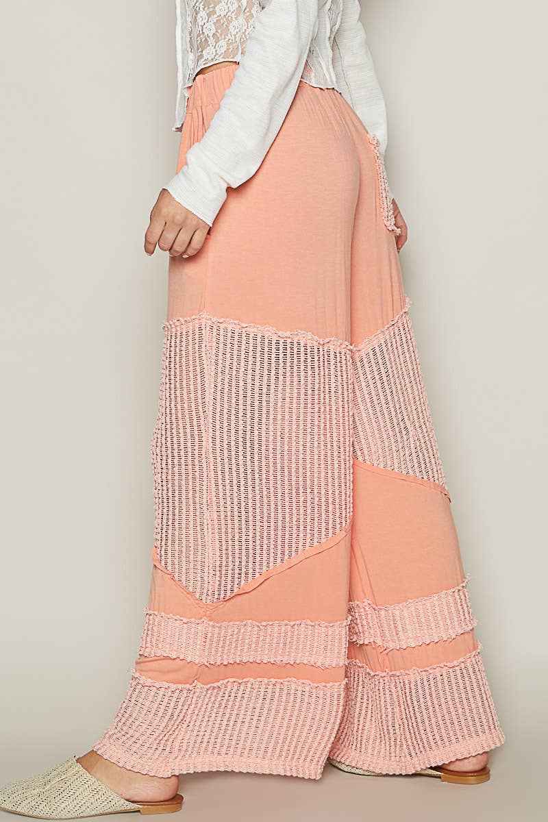 Contrast see through elastic waist knit culottes pants