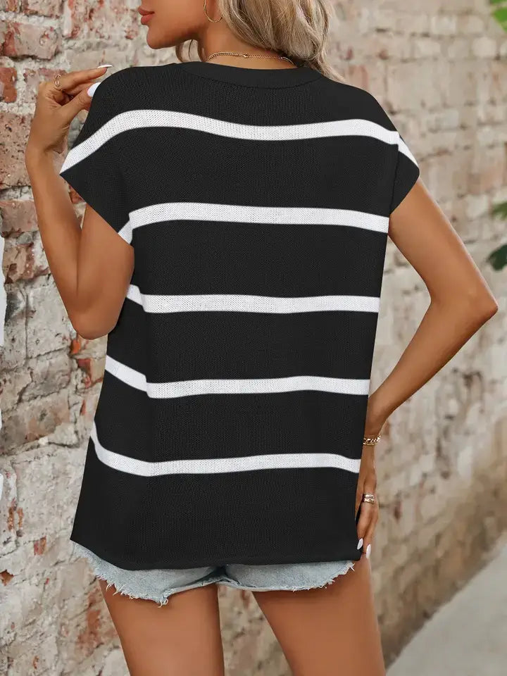 Ladies Round Neck Thick Knit Casual Striped Sweater