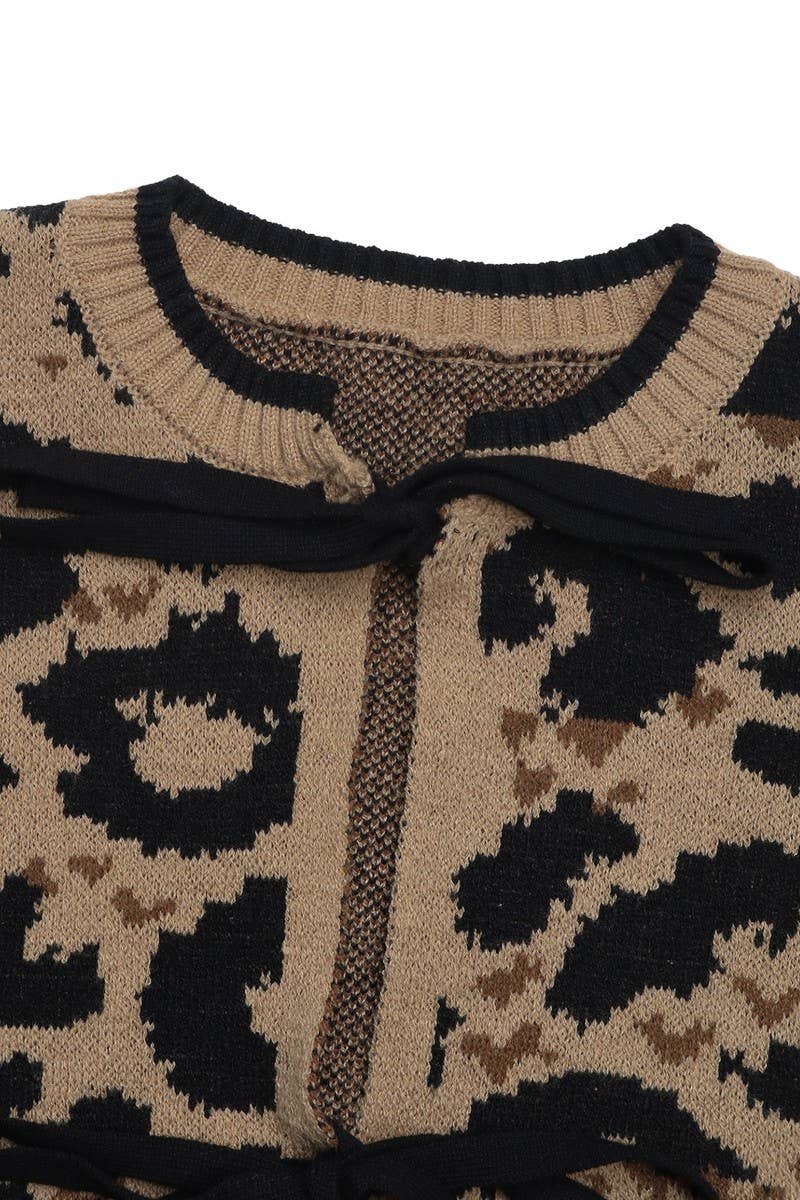 LEOPARD PRINT BOW TIE KNITTED SWEATER CARDIGAN