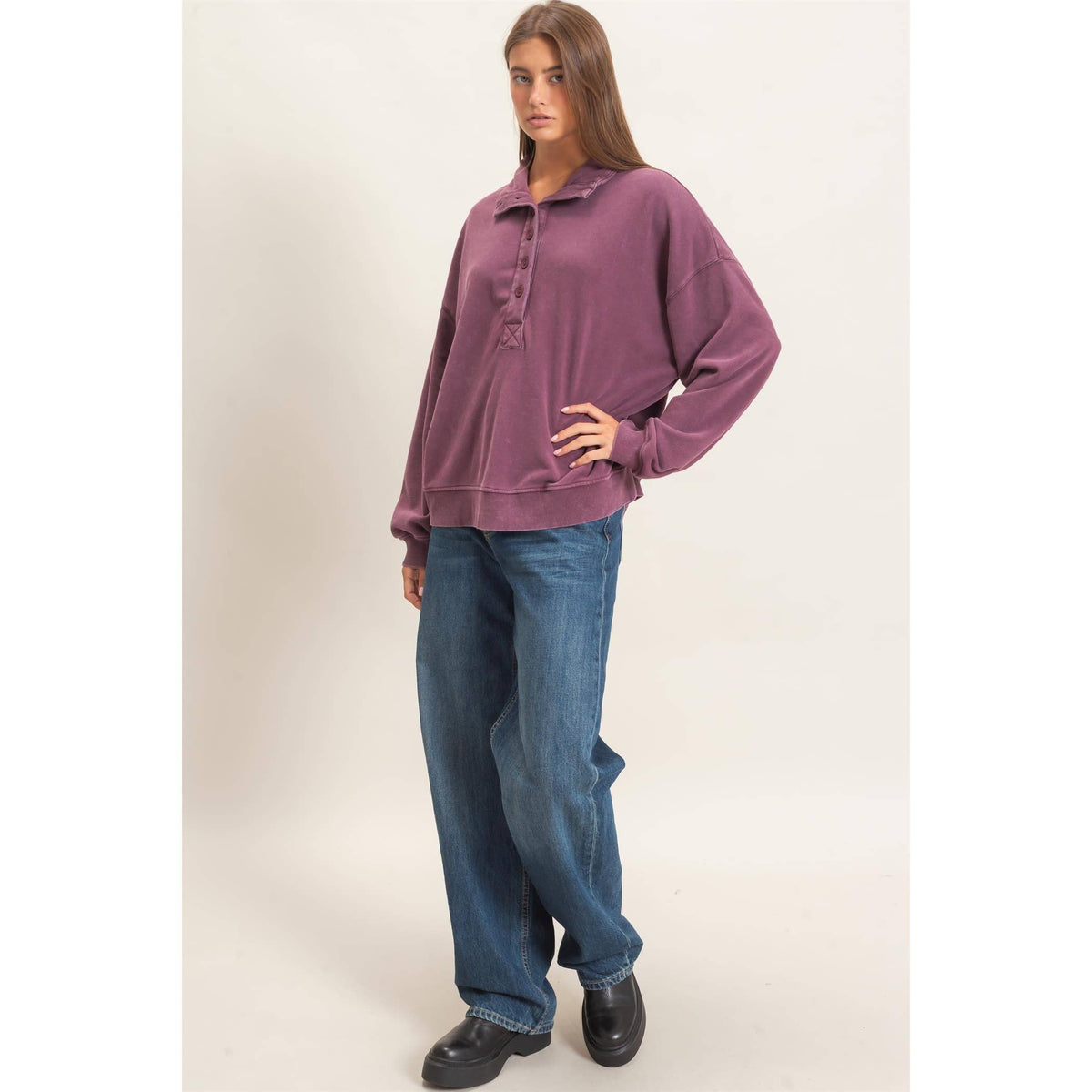 Mineral Wash Button Front Sweatshirt