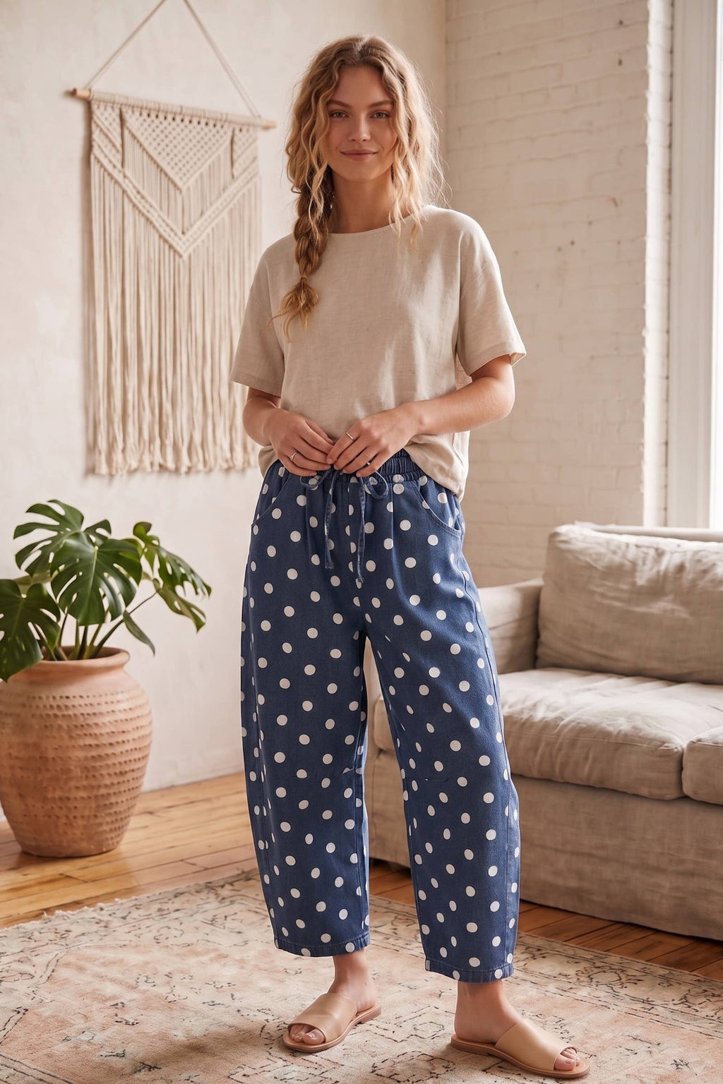 Oversized Polka Dot Denim Barrel Pants