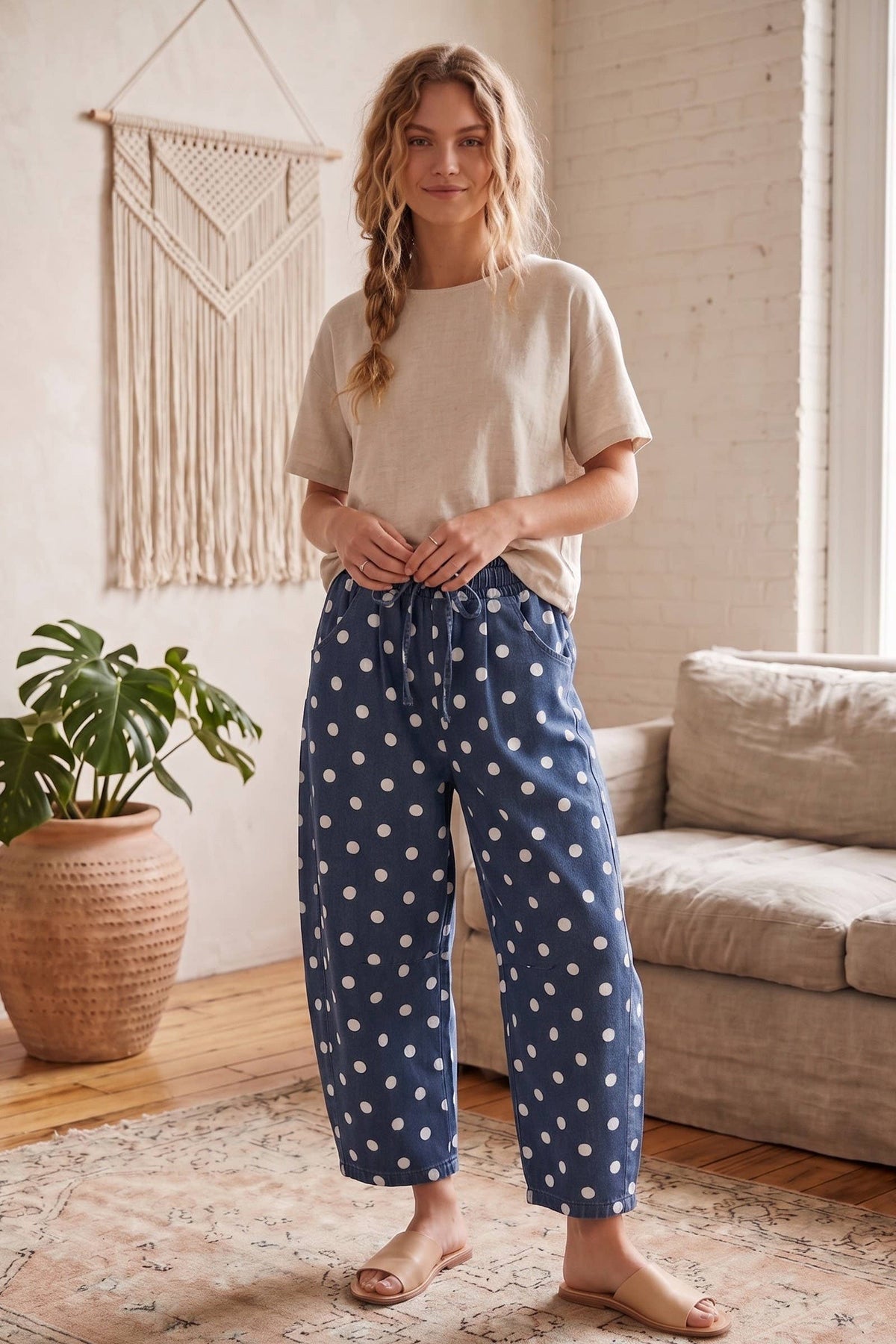 Oversized Polka Dot Denim Barrel Pants