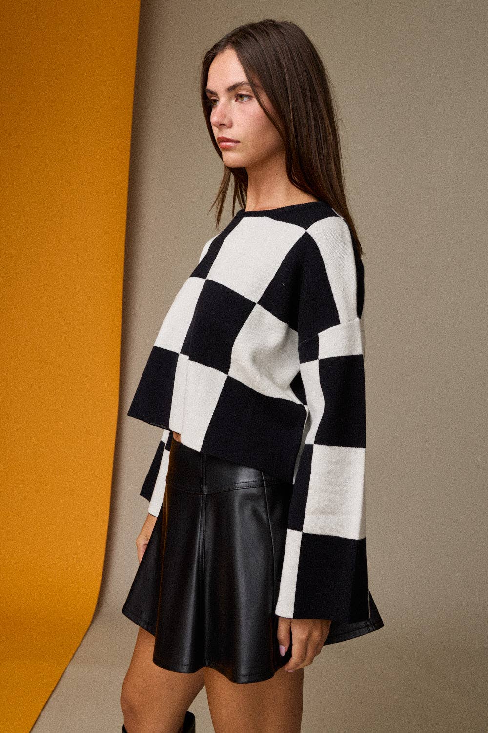 Sarah Round Neck Checkered LS Top