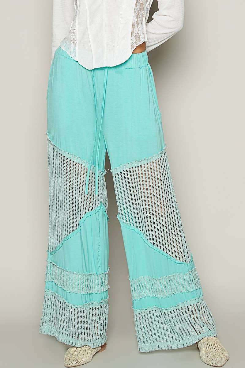 Contrast see through elastic waist knit culottes pants