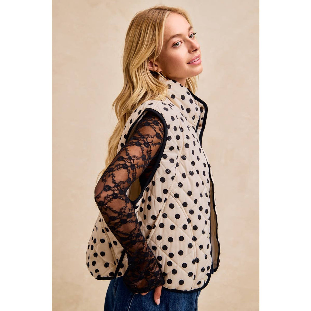 POLKA DOT PRINT PIPING DETAIL QUILTED VEST