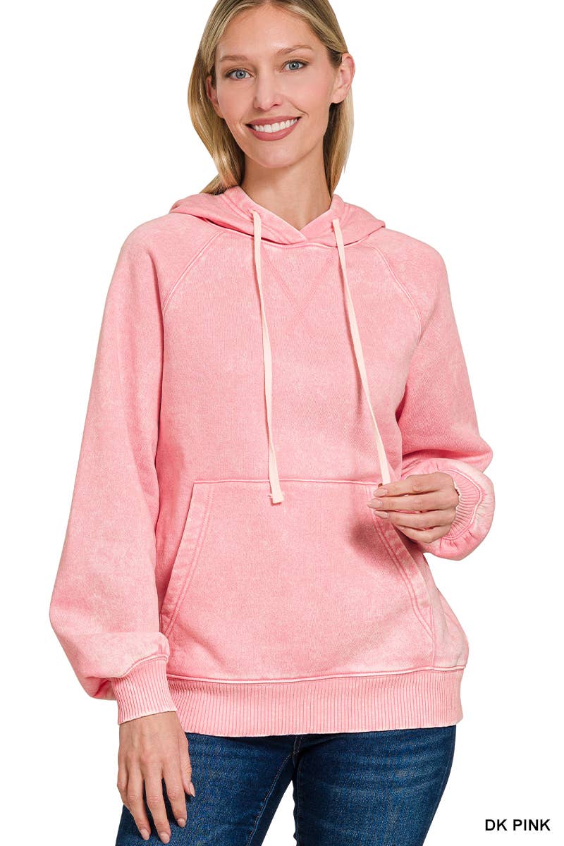 Acid Wash Fleece Hoodie With Pockets