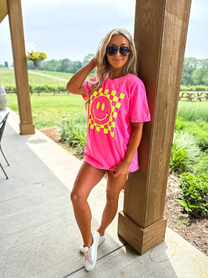 Neon Pink Checkered Smiley