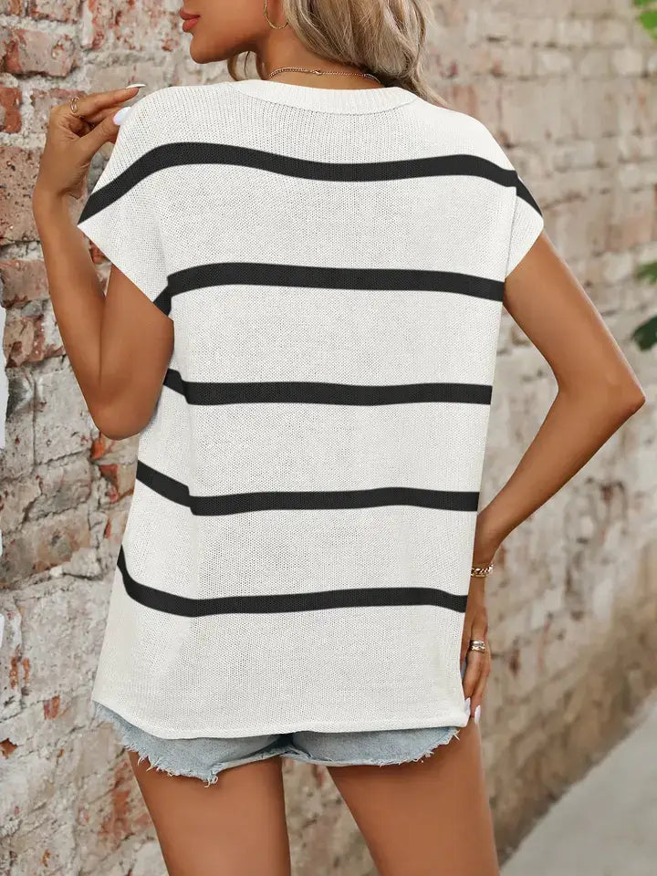 Ladies Round Neck Thick Knit Casual Striped Sweater